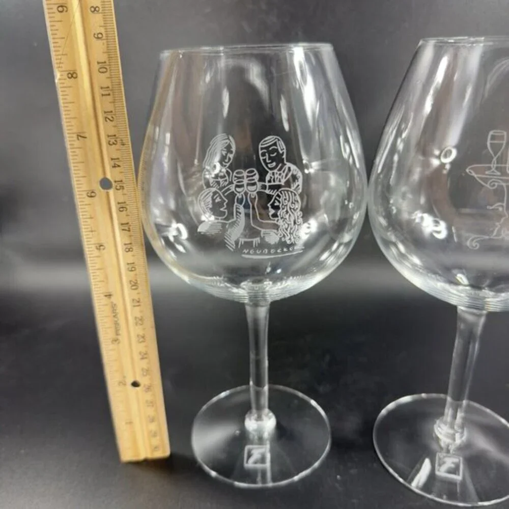 Robert Neubecker Flemings Signature Clear‎ Wine Glasses Cup Etched Barware Set 2